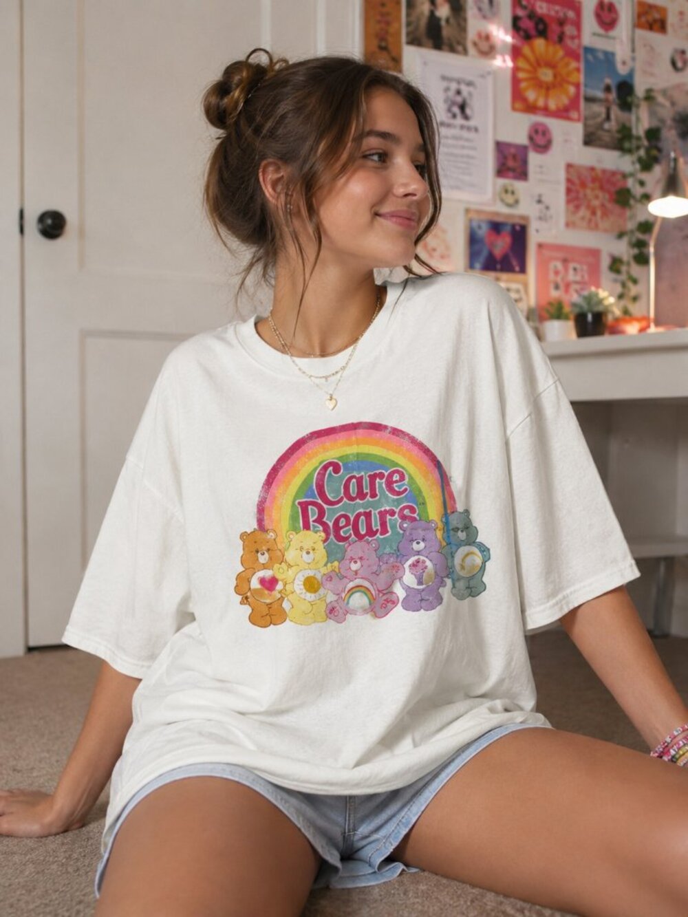 Care Bears Rainbow Graphic TShirt White Women's Size L  & XL Grayson Threads New